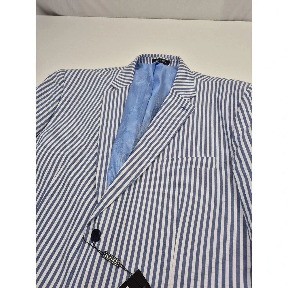 Inserch Suit Mens 54 Blue 100% Cotton Stripe Seersucker 2 Piece 48x36 NWT